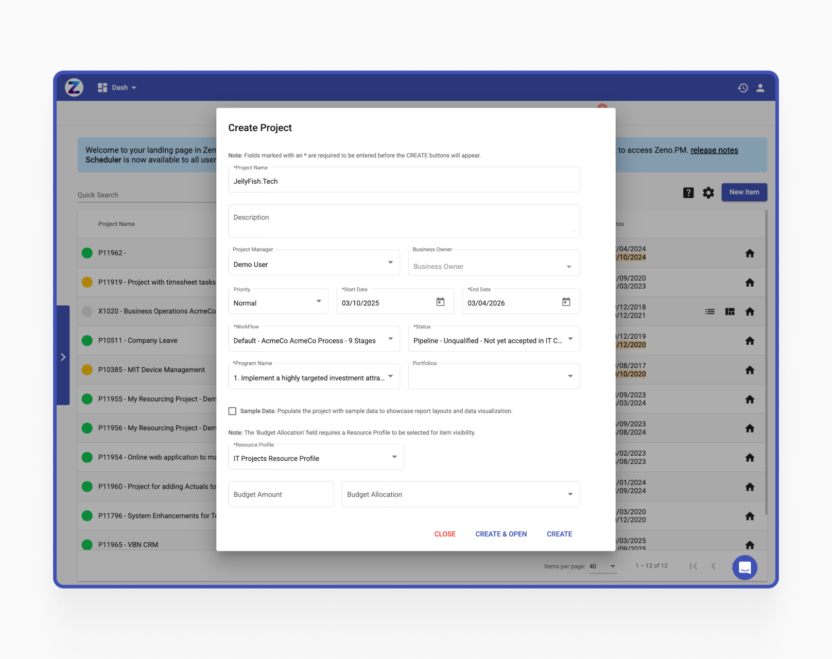 Zeno.PM - create project